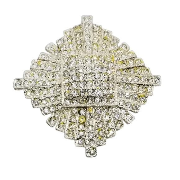 Roman Jewelry - ROMAN CO. VINTAGE 1970s ART DECO REVIVAL STYLE SILVERTONE & CRYSTAL BROOCH